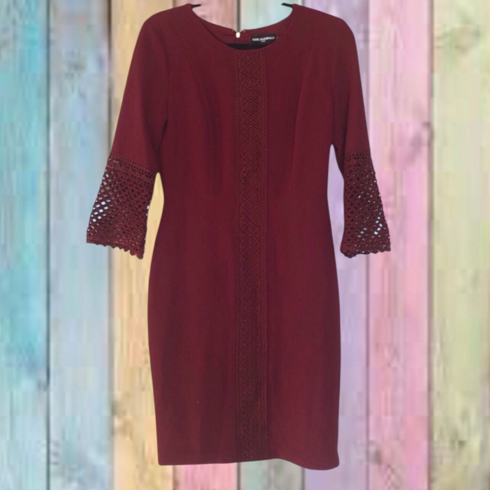 Karl Lagerfeld Wine Red Eyelet Detailed Lined Sheath Dress